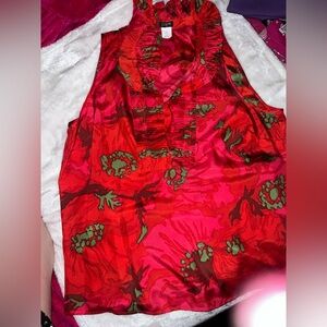 J. Crew Red and Green Silk Top